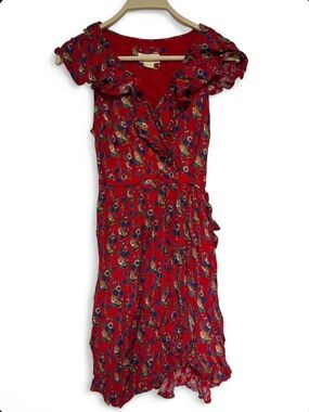 Anthropologie Maeve Red Floral Ruffle Wrap Dress